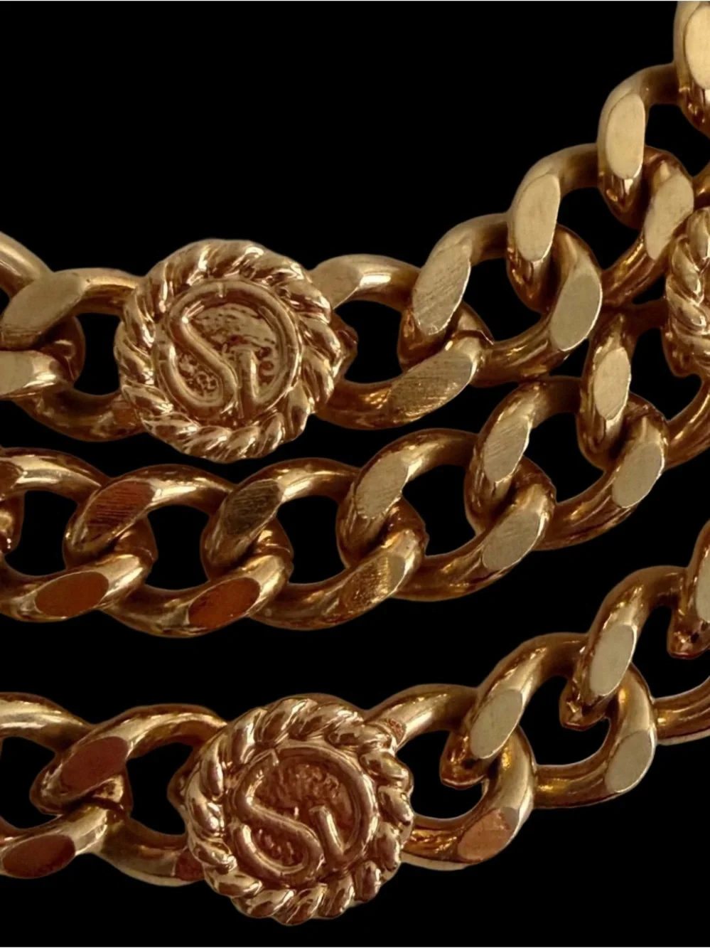 ST JOHN Vintage Gold Plated SJ Logo Chain Link Swag Belt 3 Tier Runway 36” $795